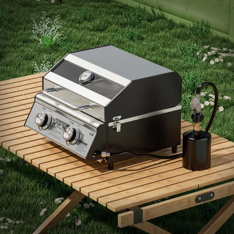Monument Grills 13742,2-Burner Portable Stainless Steel Tabletop Propane Gas Grill with High Lid and Travel Locks, 15,000 BTU – Perfect for Family BBQs