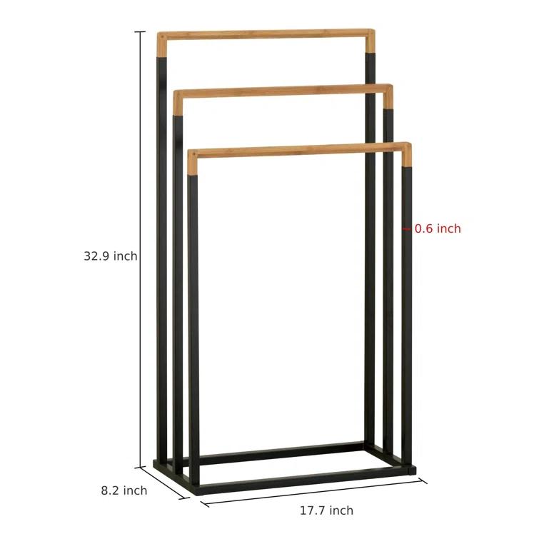 MyGift 33 Inch Black Chrome Plated Metal Freestanding Bathroom Towel Rack Stand with 3 Tier Bamboo Wood Bar, Laundry Room Drying Rack Stand