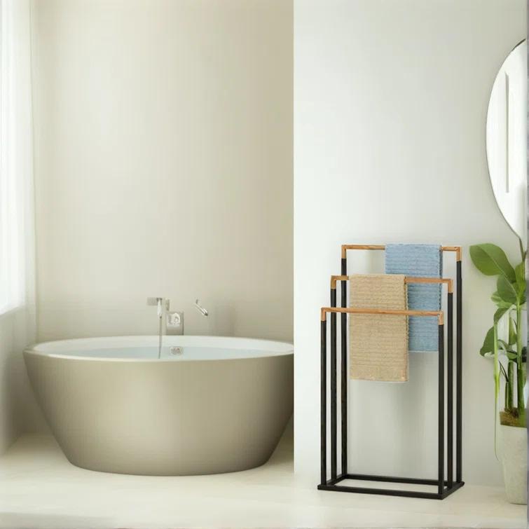 MyGift 33 Inch Black Chrome Plated Metal Freestanding Bathroom Towel Rack Stand with 3 Tier Bamboo Wood Bar, Laundry Room Drying Rack Stand