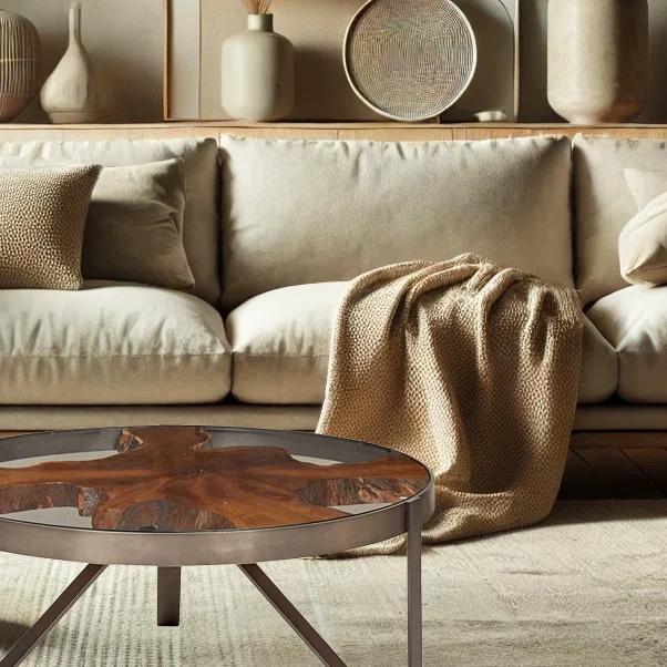 Round Teak and Glass Coffee Table with Galvanized Gray Frame