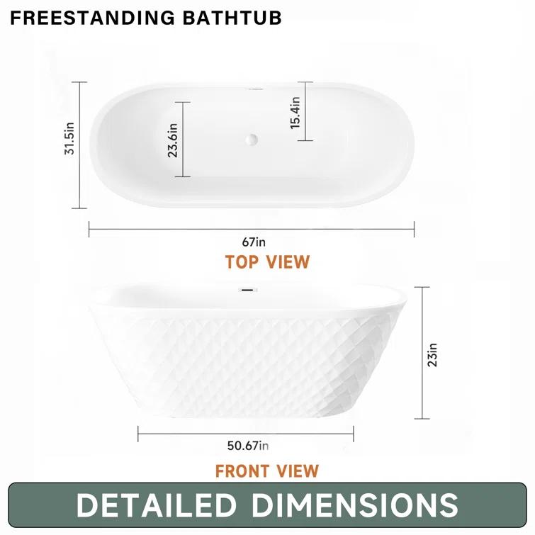 Aguamaph 67" x 31" Acrylic Freestanding Bathtub with Diamond Wave Pattern with Chrome Drain & Overflow T7052886731CW