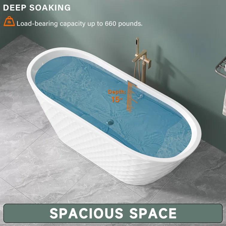 Aguamaph 67" x 31" Acrylic Freestanding Bathtub with Diamond Wave Pattern with Chrome Drain & Overflow T7052886731CW