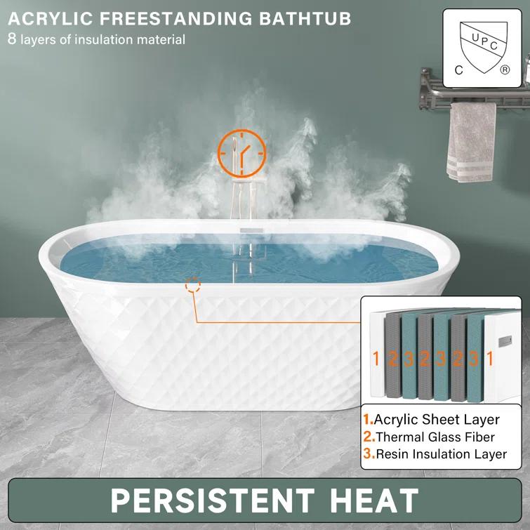 Aguamaph 67" x 31" Acrylic Freestanding Bathtub with Diamond Wave Pattern with Chrome Drain & Overflow T7052886731CW