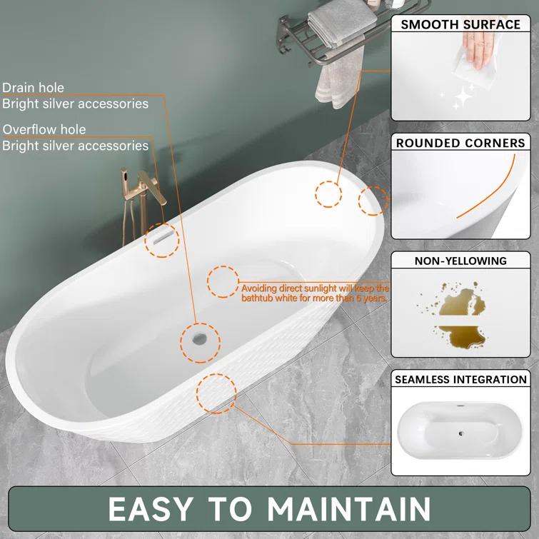 Aguamaph 67" x 31" Acrylic Freestanding Bathtub with Diamond Wave Pattern with Chrome Drain & Overflow T7052886731CW