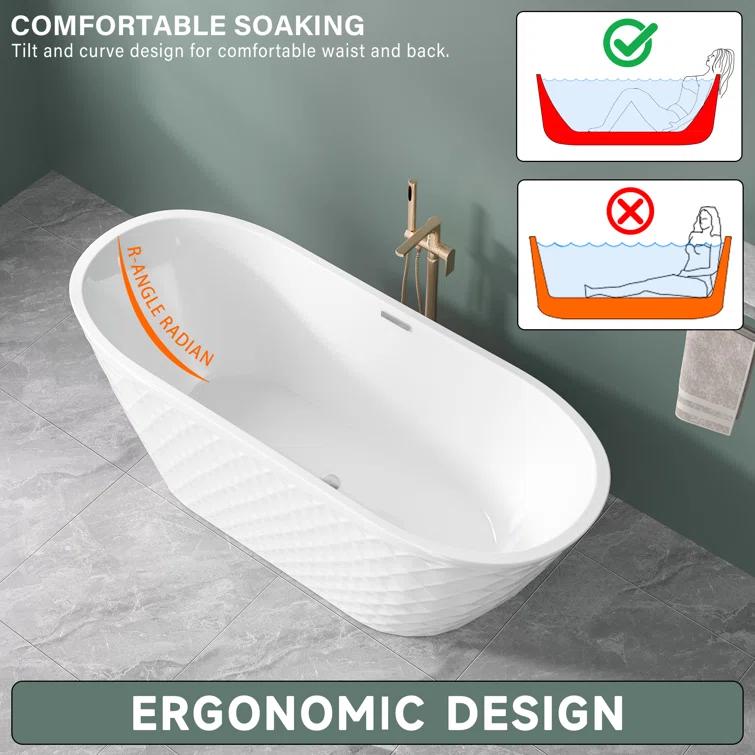 Aguamaph 67" x 31" Acrylic Freestanding Bathtub with Diamond Wave Pattern with Chrome Drain & Overflow T7052886731CW
