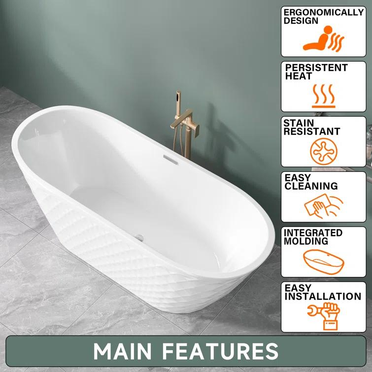 Aguamaph 67" x 31" Acrylic Freestanding Bathtub with Diamond Wave Pattern with Chrome Drain & Overflow T7052886731CW