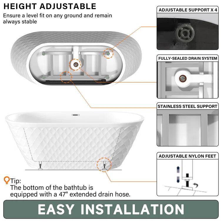 Aguamaph 67" x 31" Acrylic Freestanding Bathtub with Diamond Wave Pattern with Chrome Drain & Overflow T7052886731CW