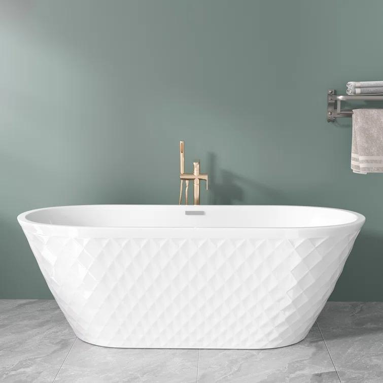 Aguamaph 67" x 31" Acrylic Freestanding Bathtub with Diamond Wave Pattern with Chrome Drain & Overflow T7052886731CW
