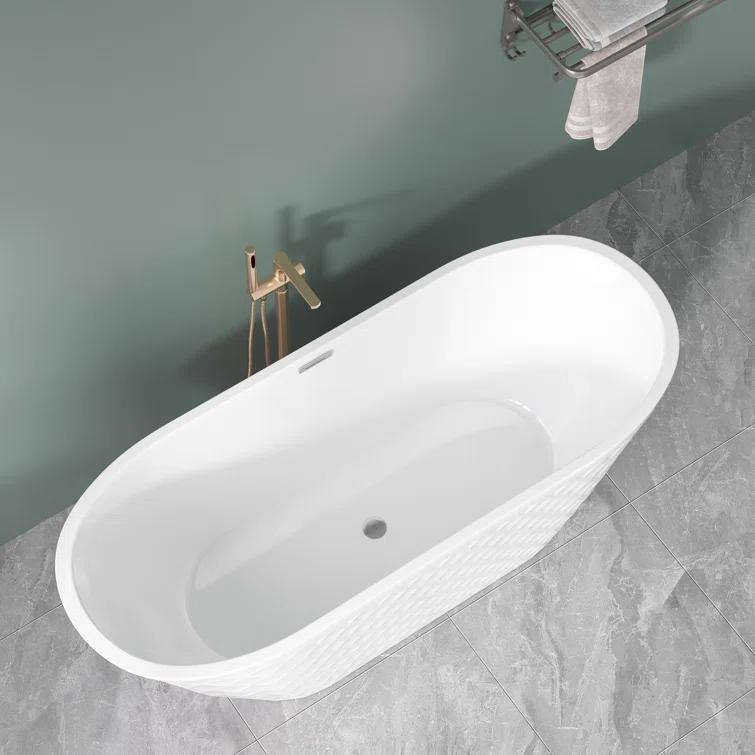 Aguamaph 67" x 31" Acrylic Freestanding Bathtub with Diamond Wave Pattern with Chrome Drain & Overflow T7052886731CW