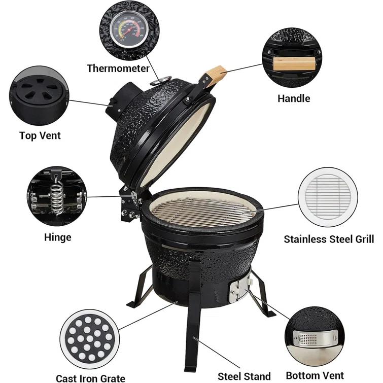 13-Inch Portable Ceramic Charcoal Grill with Grill Stand, Egg Shaped Ceramic Charcoal Grill w 10.6" Stainless Steel Cooking Grate, Heat Deflectors and Ash Tool for Outdoor Barbecue, Baking