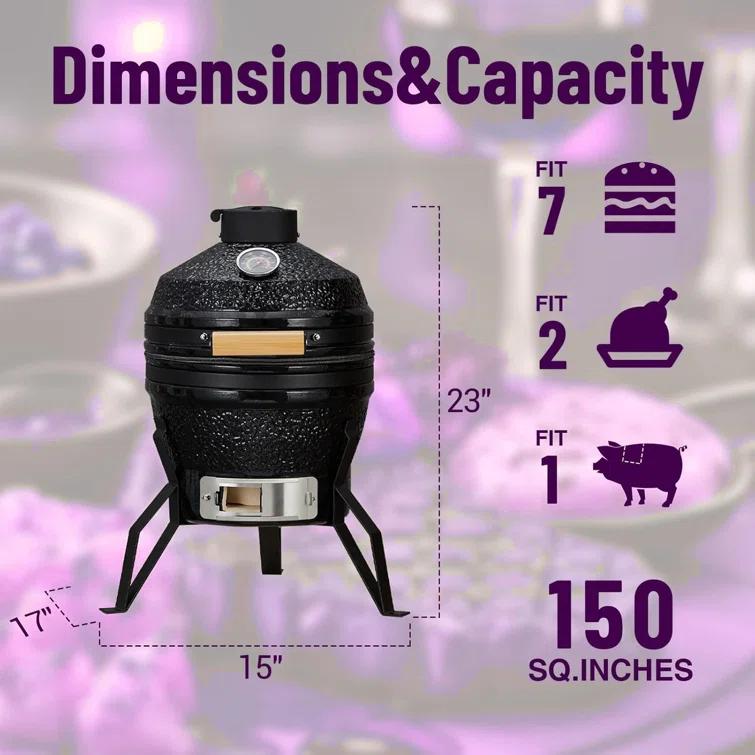13-Inch Portable Ceramic Charcoal Grill with Grill Stand, Egg Shaped Ceramic Charcoal Grill w 10.6" Stainless Steel Cooking Grate, Heat Deflectors and Ash Tool for Outdoor Barbecue, Baking
