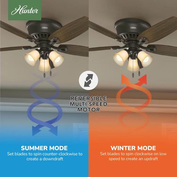 Builder Low Profile 52" 5 - Blade Flush Mount Ceiling Fan with Lights and Pull Chains