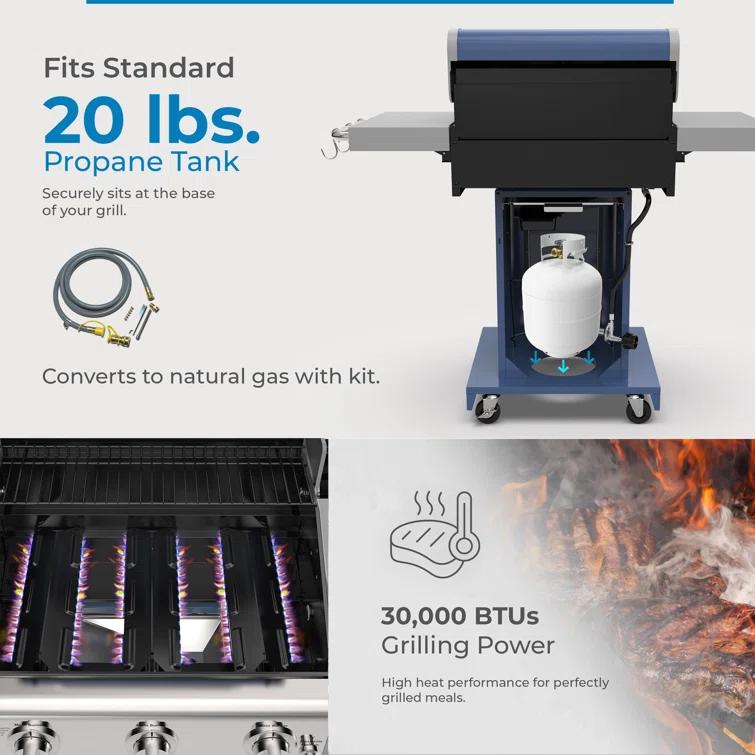 Kenmore 3-Burner Propane Gas Grill with Foldable Side Tables for Outdoor BBQ