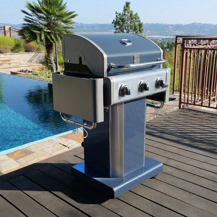 Kenmore 3-Burner Propane Gas Grill with Foldable Side Tables for Outdoor BBQ