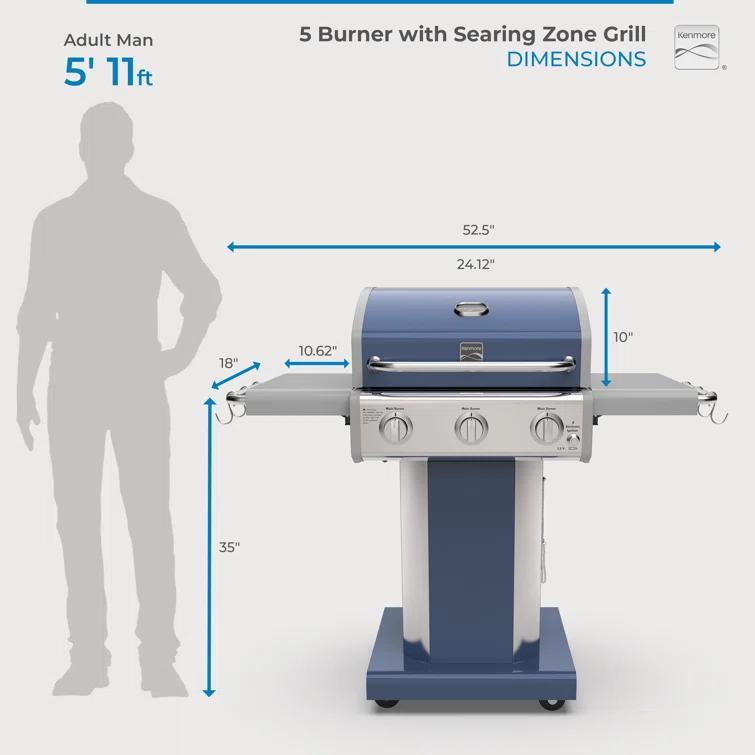 Kenmore 3-Burner Propane Gas Grill with Foldable Side Tables for Outdoor BBQ