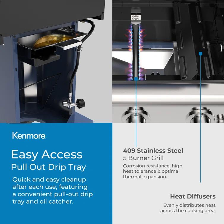 Kenmore 3-Burner Propane Gas Grill with Foldable Side Tables for Outdoor BBQ