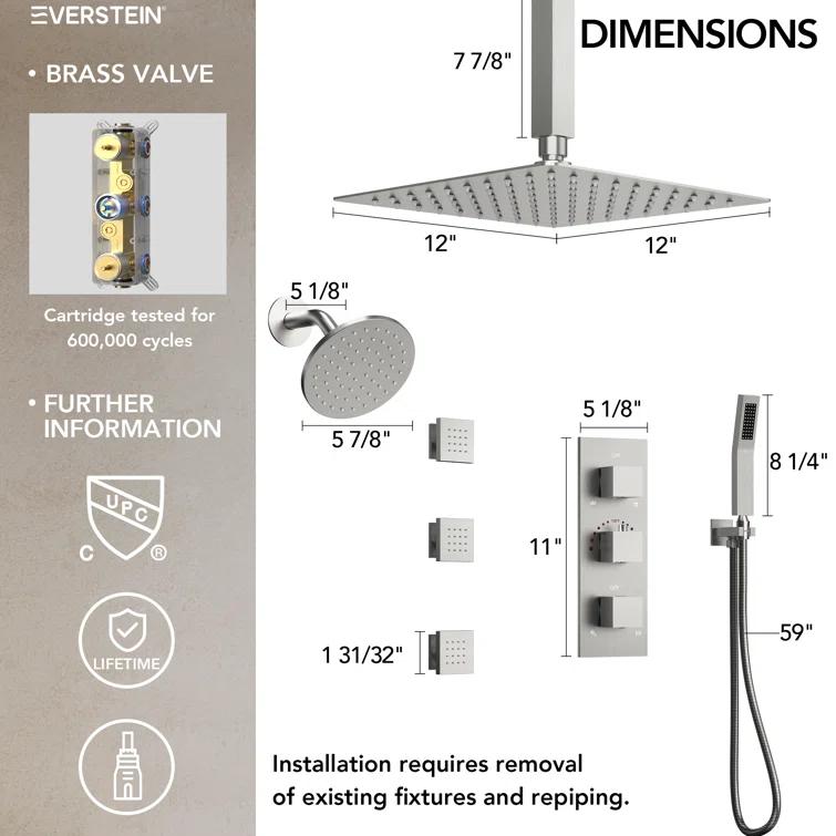 Thermostatic Shower Faucet System,12" & 6" Dual Shower Head with Rough-In Valve