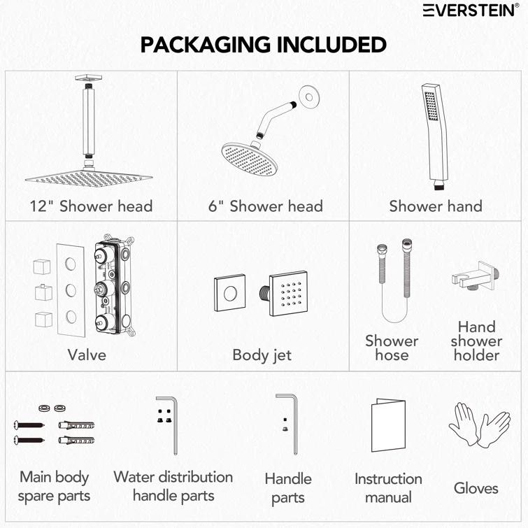 Thermostatic Shower Faucet System,12" & 6" Dual Shower Head with Rough-In Valve