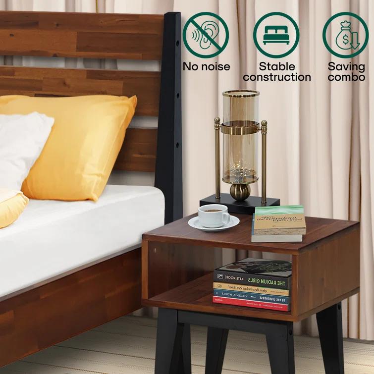 Acacia Emery 2-Pcs Bedroom Set – Solid Wood Platform Bed Frame & Matching Nightstand, Mid-Century Modern Farmhouse, 800 lbs Capacity, No Box Spring Needed