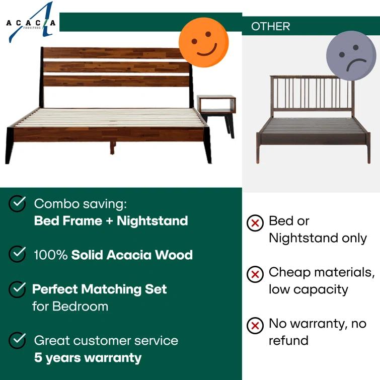 Acacia Emery 2-Pcs Bedroom Set – Solid Wood Platform Bed Frame & Matching Nightstand, Mid-Century Modern Farmhouse, 800 lbs Capacity, No Box Spring Needed