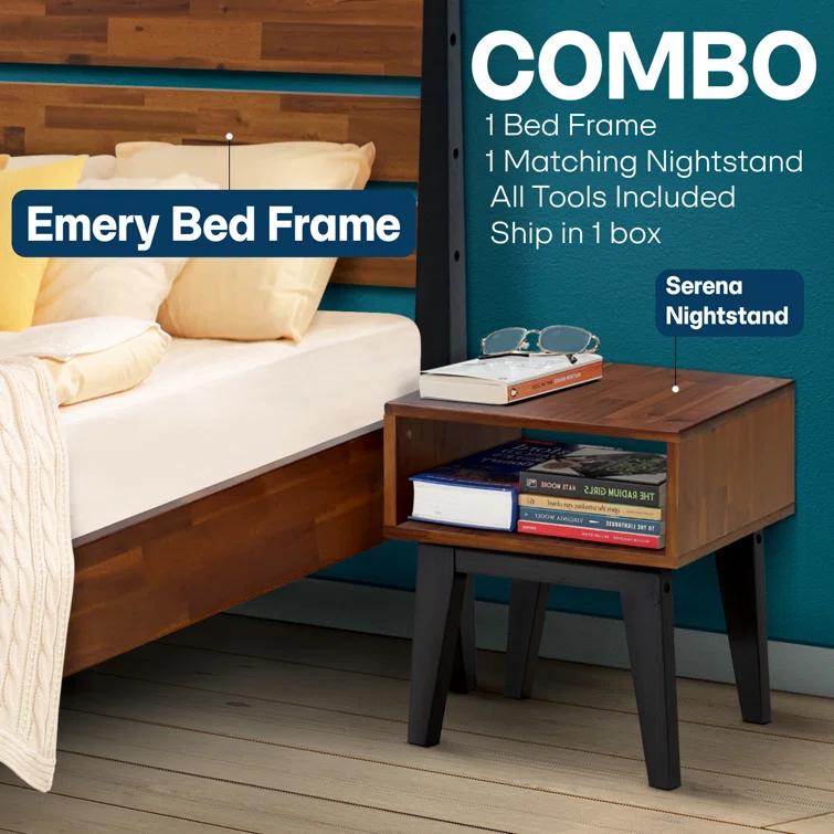 Acacia Emery 2-Pcs Bedroom Set – Solid Wood Platform Bed Frame & Matching Nightstand, Mid-Century Modern Farmhouse, 800 lbs Capacity, No Box Spring Needed