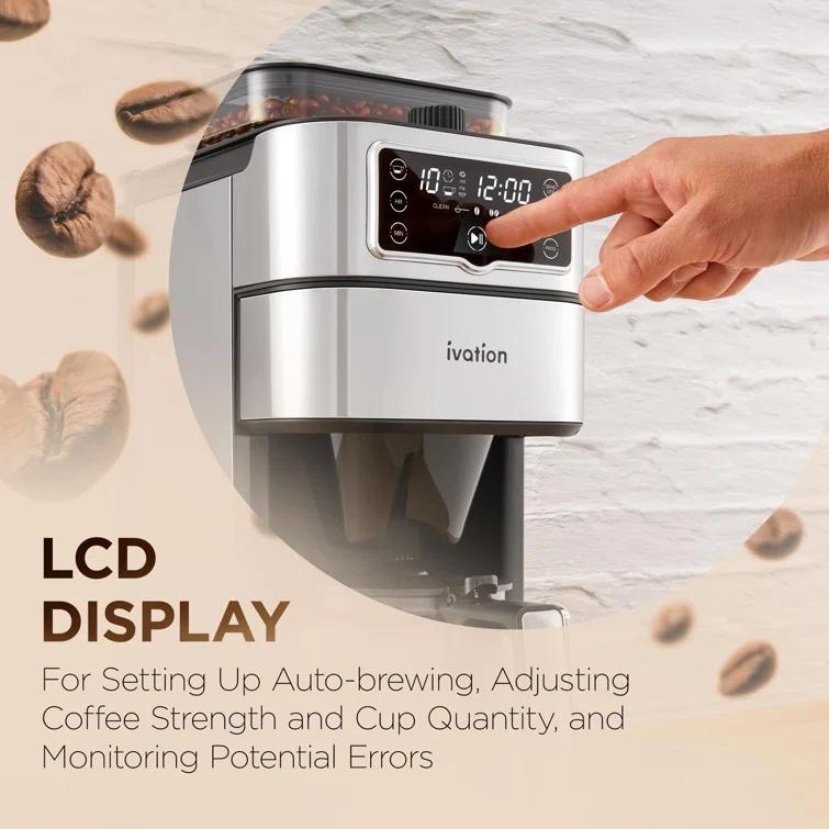 Ivation 2-in-1 Drip Coffee Maker & Grinder – Programmable Auto Brew & Timer - Warming Plate - 10 Cup - Reusable Filter Basket – 1.5L Water Tank – 1000W - Pause and Pour