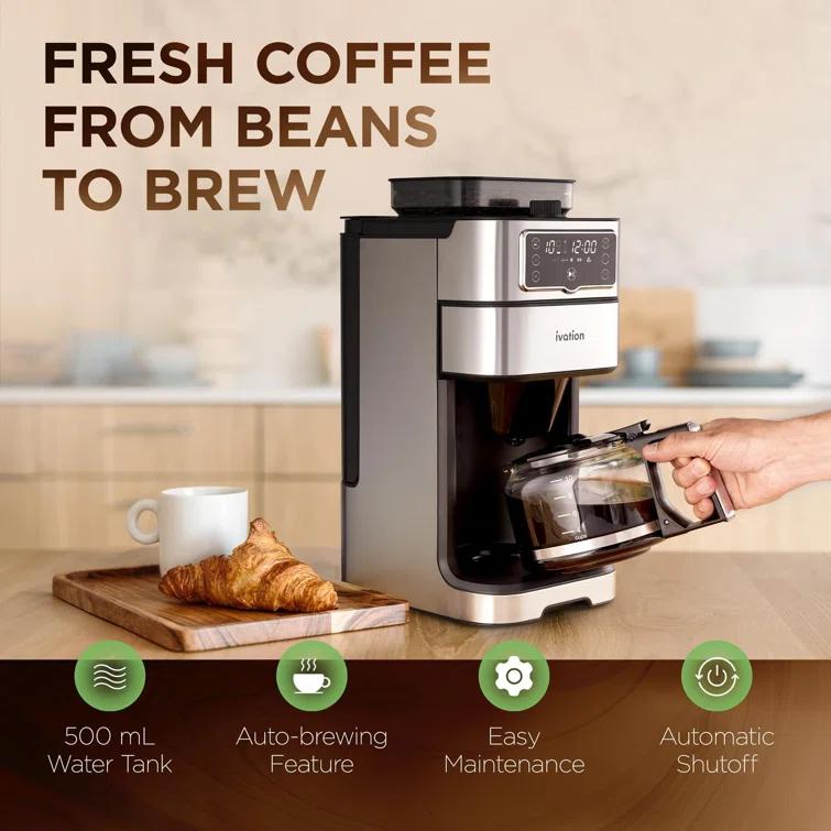 Ivation 2-in-1 Drip Coffee Maker & Grinder – Programmable Auto Brew & Timer - Warming Plate - 10 Cup - Reusable Filter Basket – 1.5L Water Tank – 1000W - Pause and Pour