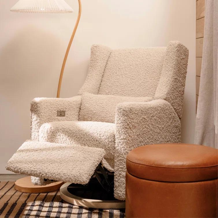 Babyletto Kiwi Almond Teddy Loop Nursery Power Glider Recliner Chair with Light Wood Base