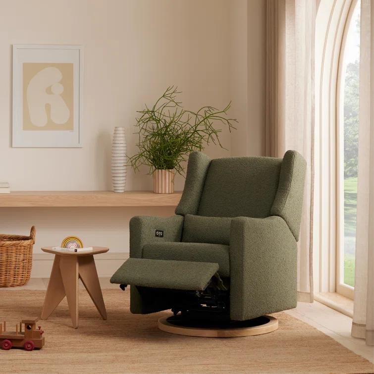 Babyletto Kiwi Olive Green Boucle Nursery Power Glider Recliner Chair with Light Wood Base