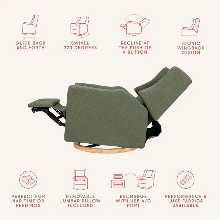 Babyletto Kiwi Olive Green Boucle Nursery Power Glider Recliner Chair with Light Wood Base