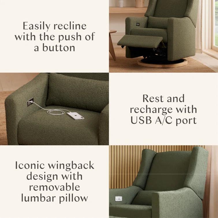 Babyletto Kiwi Olive Green Boucle Nursery Power Glider Recliner Chair with Light Wood Base