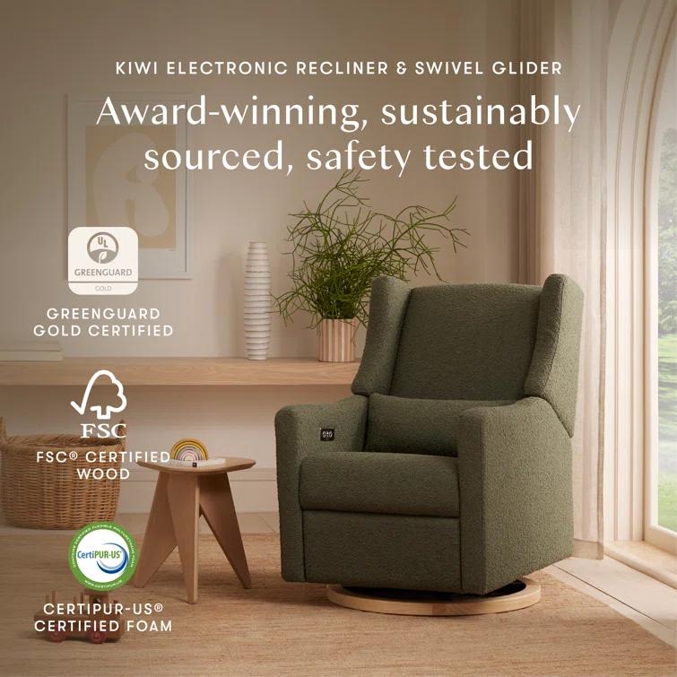 Babyletto Kiwi Olive Green Boucle Nursery Power Glider Recliner Chair with Light Wood Base
