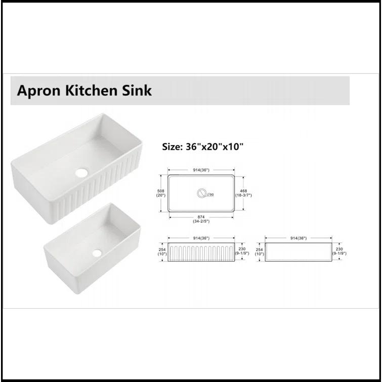 White Farmhouse Sink - 36 Inch White Ceramic Single Bowl Farm Kitchen Sink