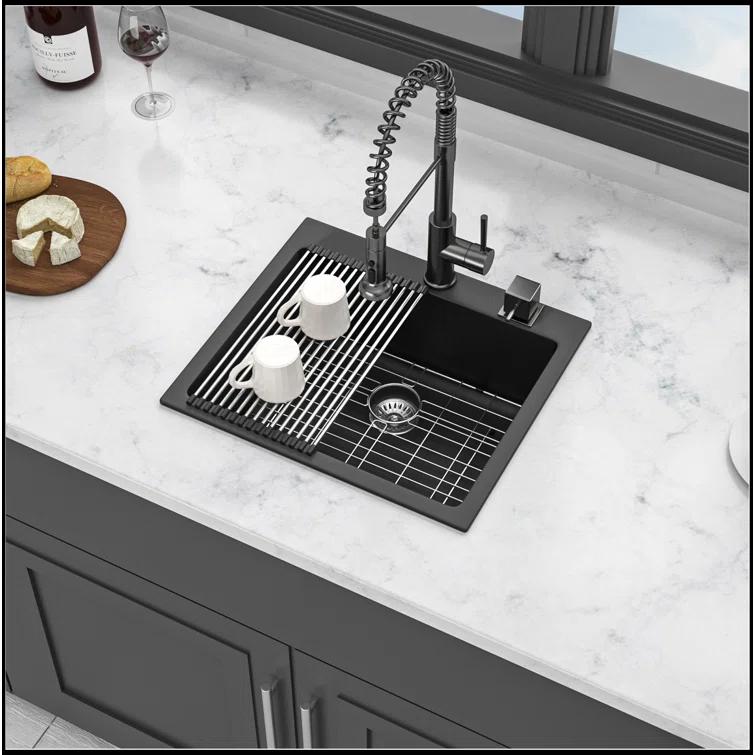 Quartz Kitchen Sink - 25X22" Black Granite Composite Drop In Kitchen Sink