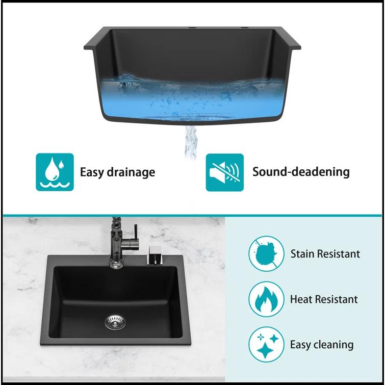 Quartz Kitchen Sink - 25X22" Black Granite Composite Drop In Kitchen Sink
