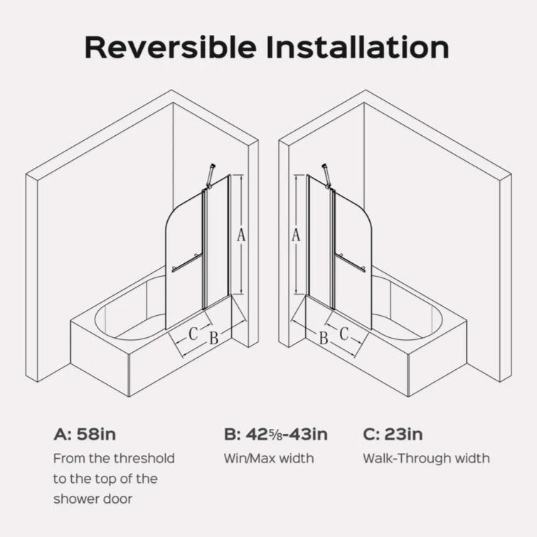 KUNMINGZHUHE 43 In. W * 58 In. H Frameless Folding Shower Doors For Bathtub, 1/4" (6Mm) Thick SGCC Tempered Glass Door, Bathroom Pivot Tub Glass Door ZH2745-W1552P173134