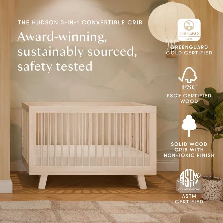 Babyletto Hudson Washed Natural Wood 3-in-1 Convertible Baby Crib with Toddler Bed Conversion Kit
