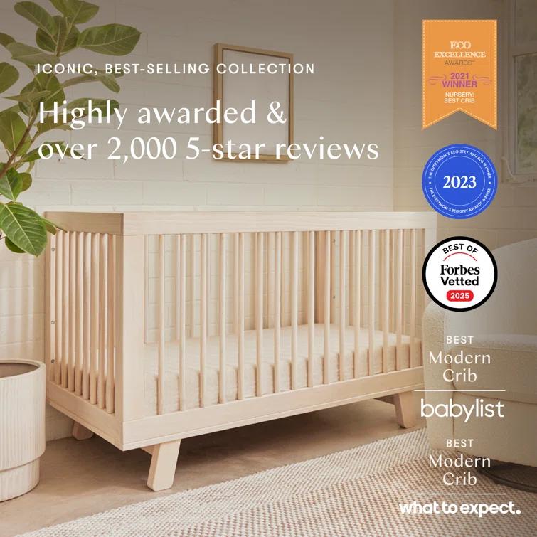 Babyletto Hudson Washed Natural Wood 3-in-1 Convertible Baby Crib with Toddler Bed Conversion Kit