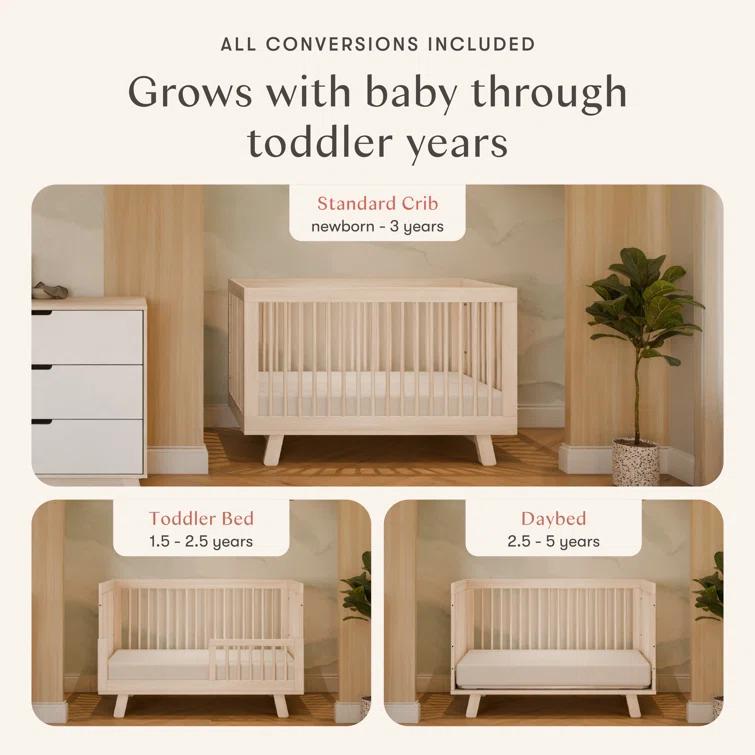 Babyletto Hudson Washed Natural Wood 3-in-1 Convertible Baby Crib with Toddler Bed Conversion Kit
