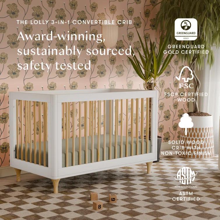 Babyletto Lolly White & Natural Wood 3-in-1 Convertible Baby Crib with Toddler Bed Conversion Kit