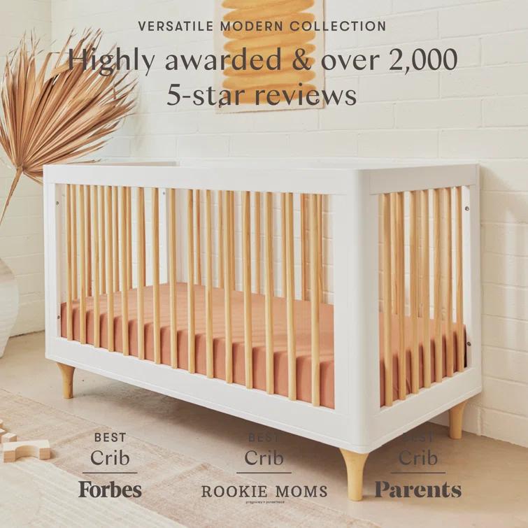 Babyletto Lolly White & Natural Wood 3-in-1 Convertible Baby Crib with Toddler Bed Conversion Kit