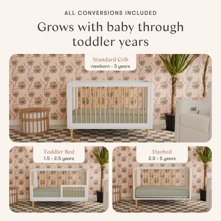 Babyletto Lolly White & Natural Wood 3-in-1 Convertible Baby Crib with Toddler Bed Conversion Kit