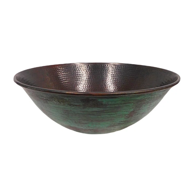 Rustic Round Copper Vessel Bath Sink With Green Exterior