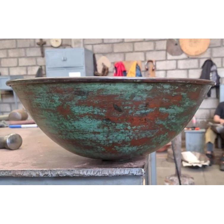 Rustic Round Copper Vessel Bath Sink With Green Exterior