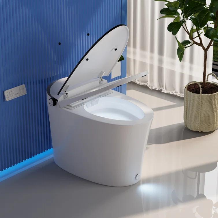 Smart Toilet with Quiet-Closed Heated Seat, Foot Kick/Off-seat/Blackout/Remote Flush, Bidet Elongated Toilet with Tankless, Gentle Night light, Remote Control, Advanced