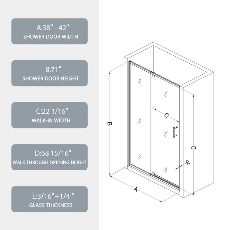 38-42" W x 71" H Flush Glass Shower Door Reversible Installation