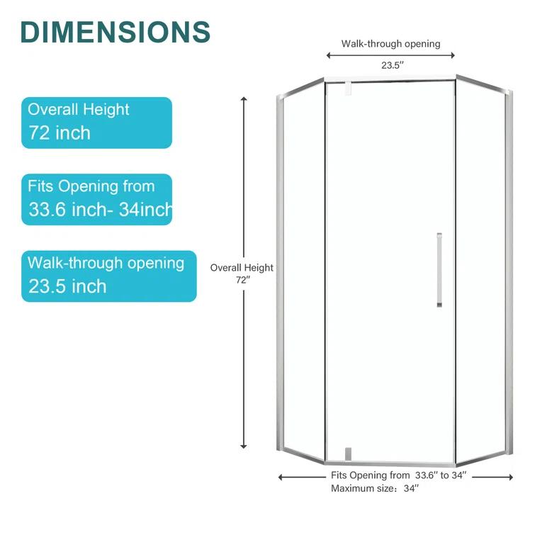 Audiohome Shower Door 34-1/8" X 72" Semi-Frameless Neo-Angle Hinged Shower Enclosure AHYTD-W124366340