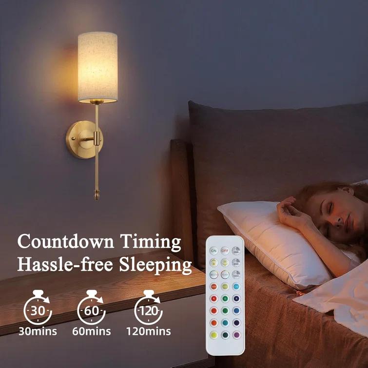 Rechargeable Wireless Wall Sconces Set Of Two, Dimmable Battery Operated Wall Lights With Remote, Gold Electroplating, RGB 15 Colors, Ideal For Bedroom And Living Room