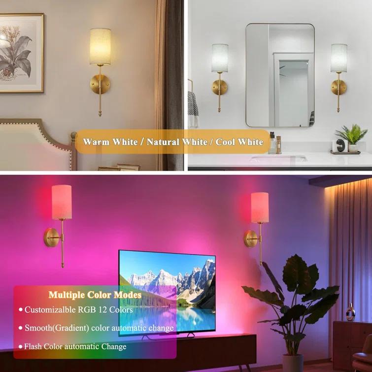 Rechargeable Wireless Wall Sconces Set Of Two, Dimmable Battery Operated Wall Lights With Remote, Gold Electroplating, RGB 15 Colors, Ideal For Bedroom And Living Room