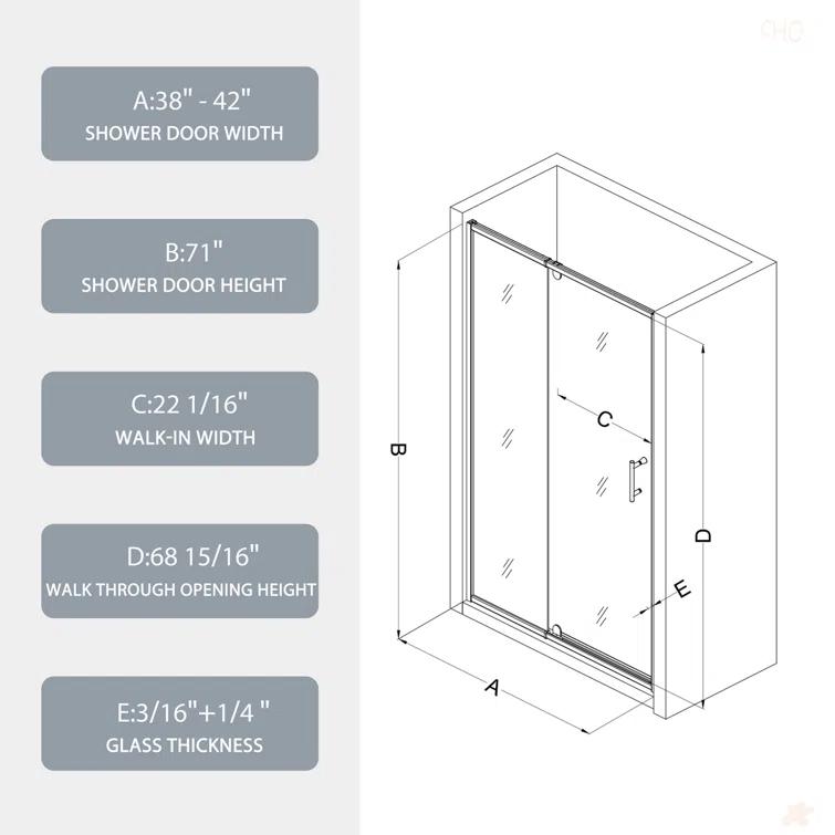 38-42" W x 71" H Flush Glass Shower Door Reversible Installation